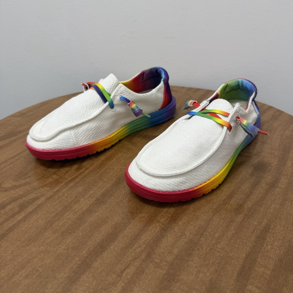 HEY DUDE Wendy PRIDE Rainbow SLIP ON Loafers in WHITE x RAINBOWS - Women's 6 US